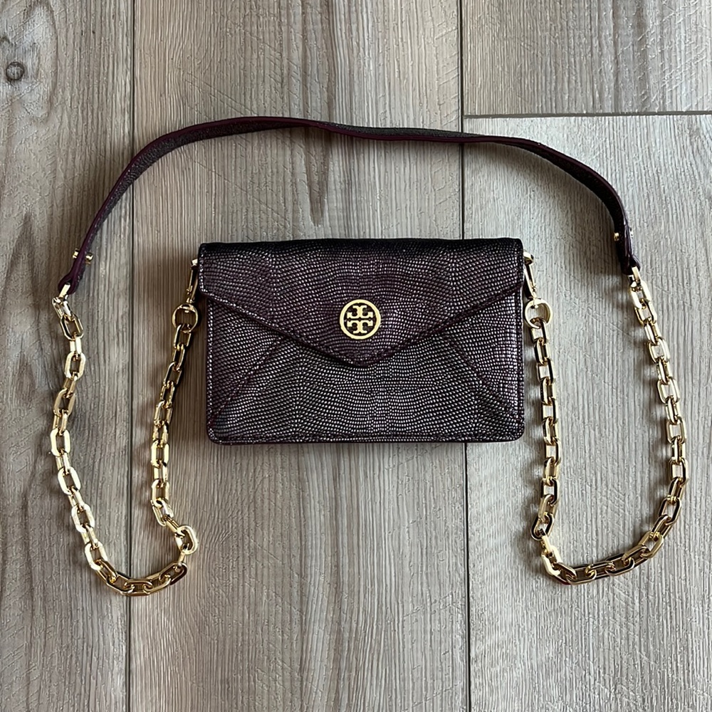 Tory Burch Dark Brown Lizard-Embossed Crossbody with Gold Chain